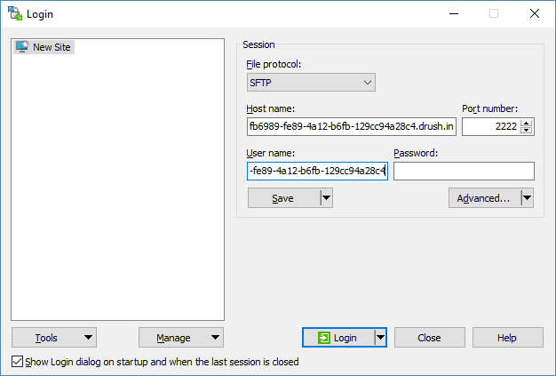 WinSCP connection details with filled out host, username, and port