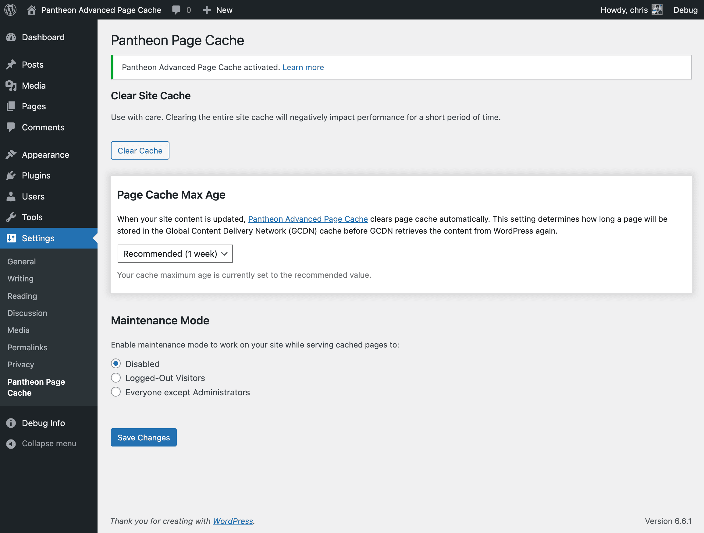 WordPress Pantheon Cache settings