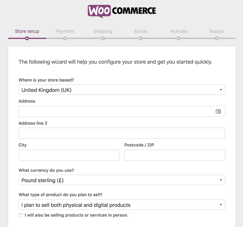 WooCommerce installation wizard
