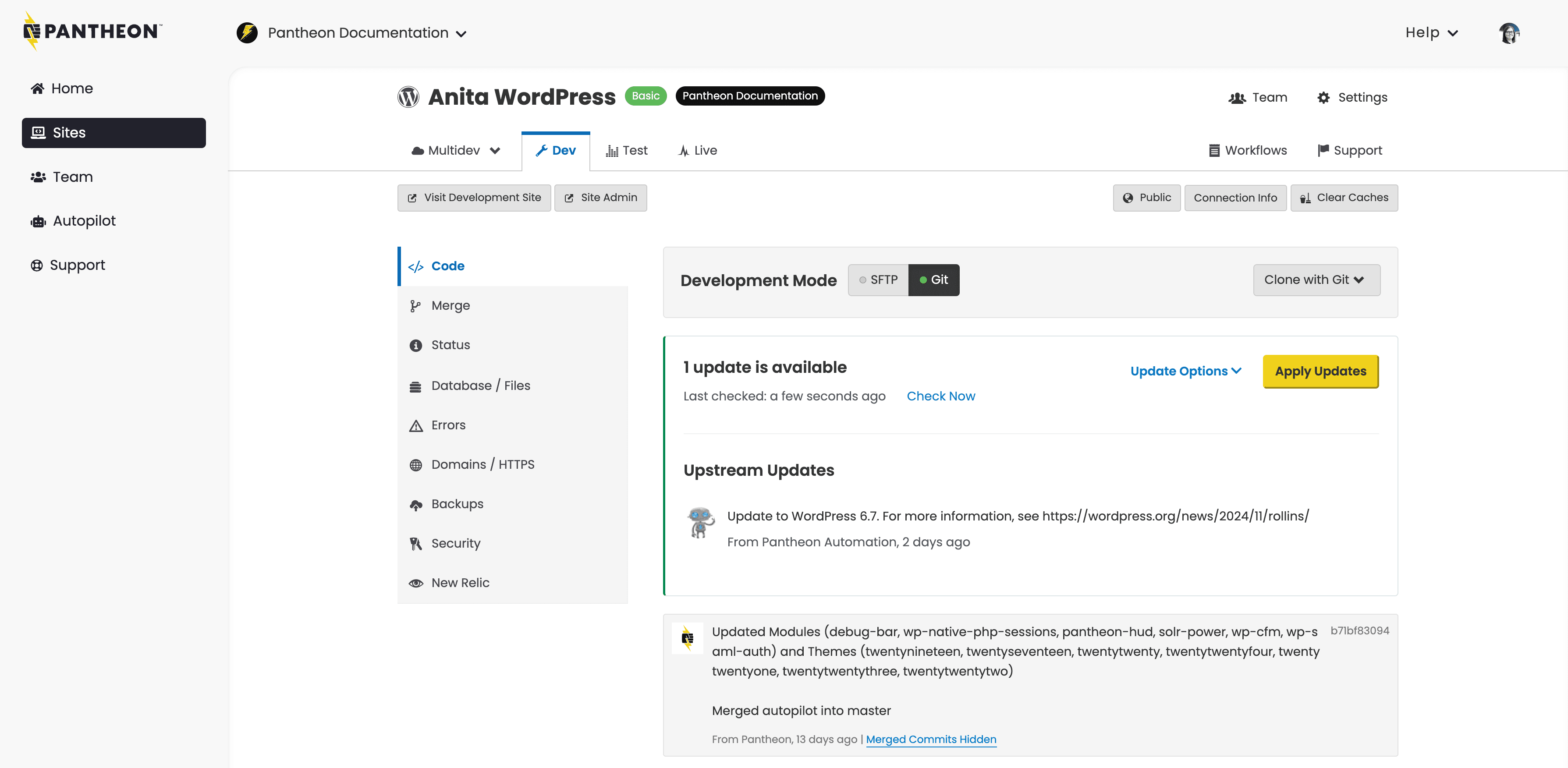 Screenshot of the Pantheon Site Dashboard, showing the "Apply Updates" button and the "Update Options" dropdown.