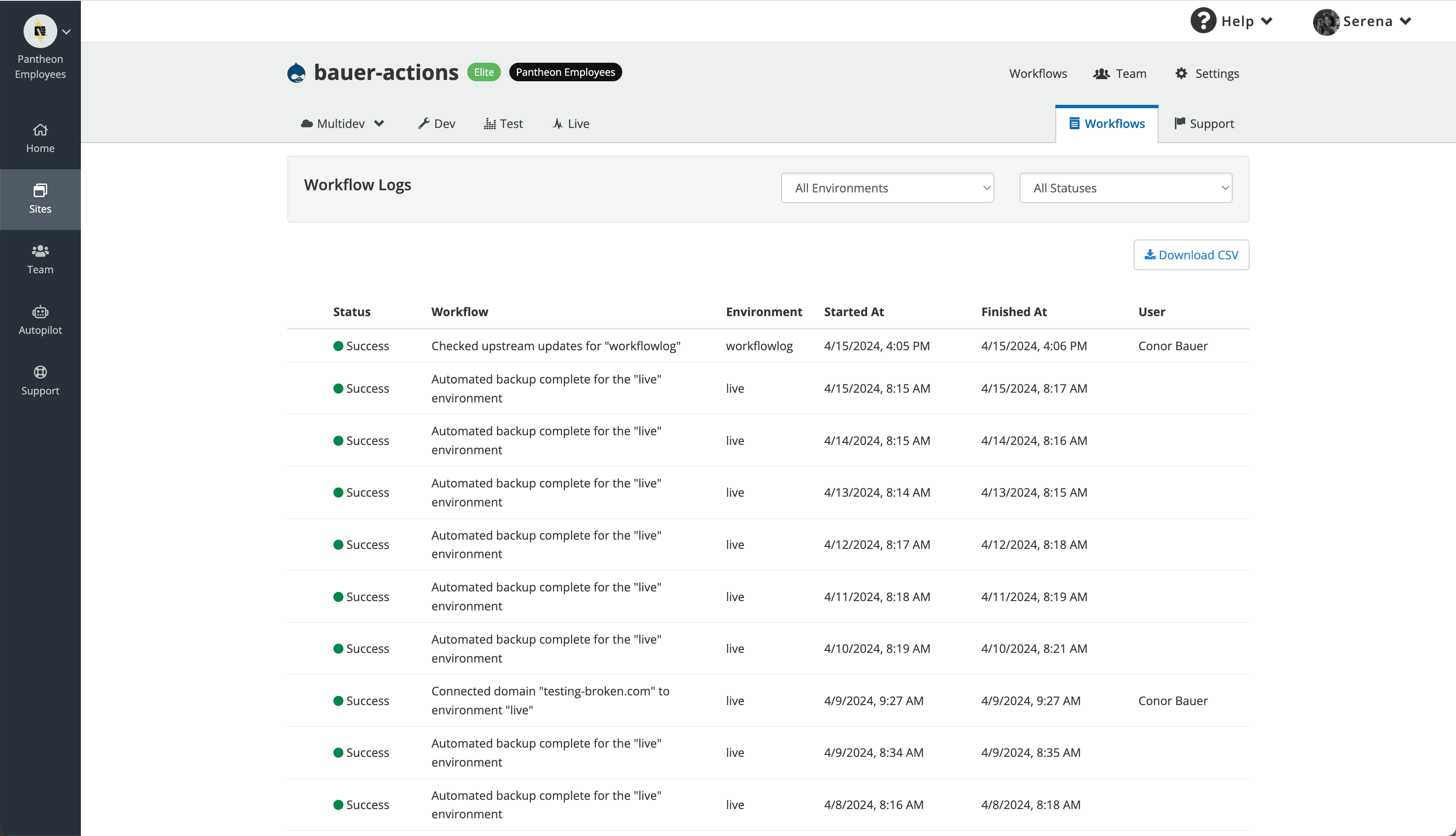 Access workflows tab from site dashboard