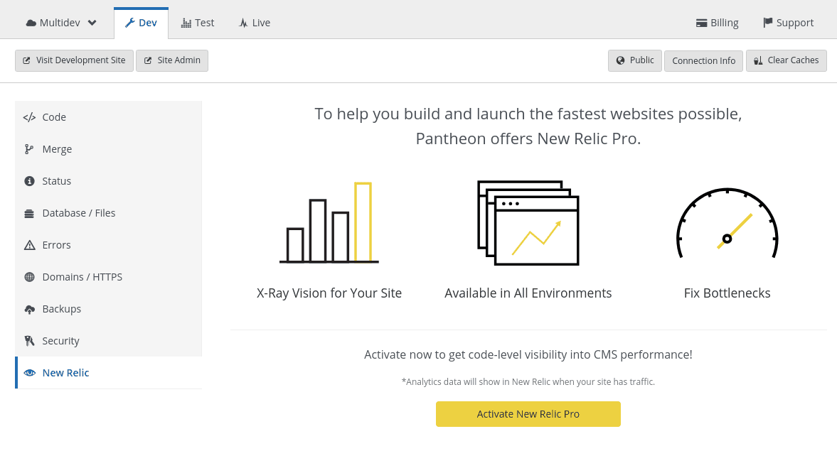 Screenshot of the Activate New Relic Pro button in the Site Dashboard, under the New Relic tab.