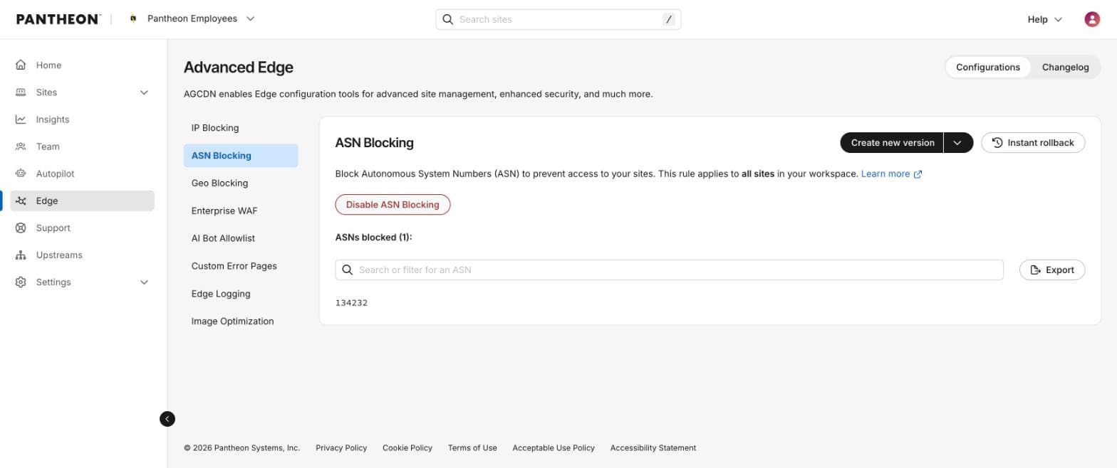 dashboard showing asn blocking interface