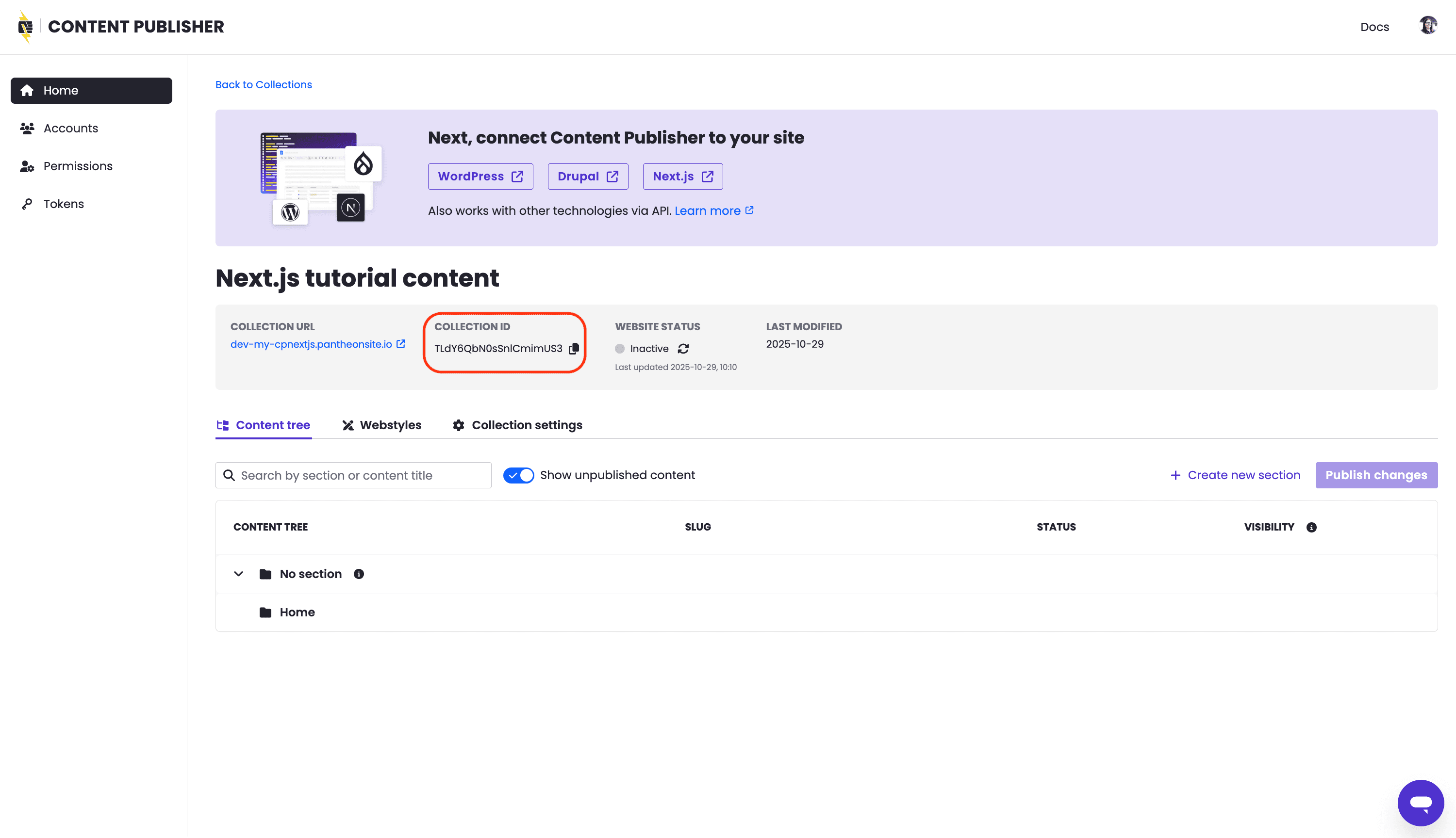 Screenshot from the Content Publisher dashboard highlighting the collection ID