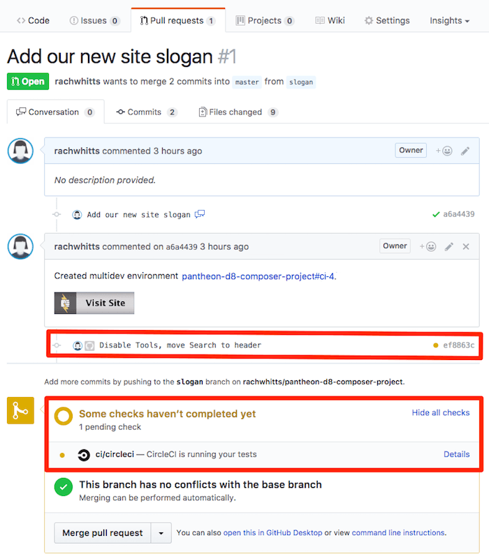 Pantheon Dashboard Multidev tab shows files changed, ready for commit