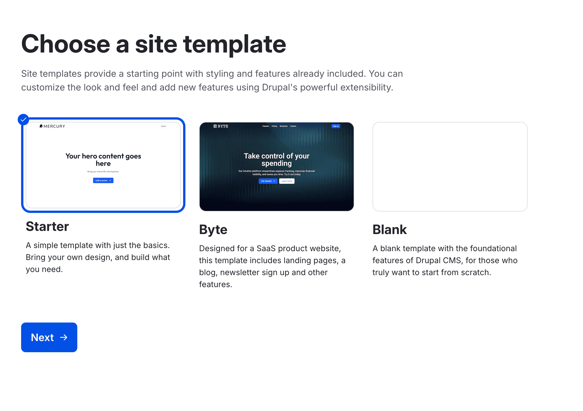 The Drupal CMS installation screen