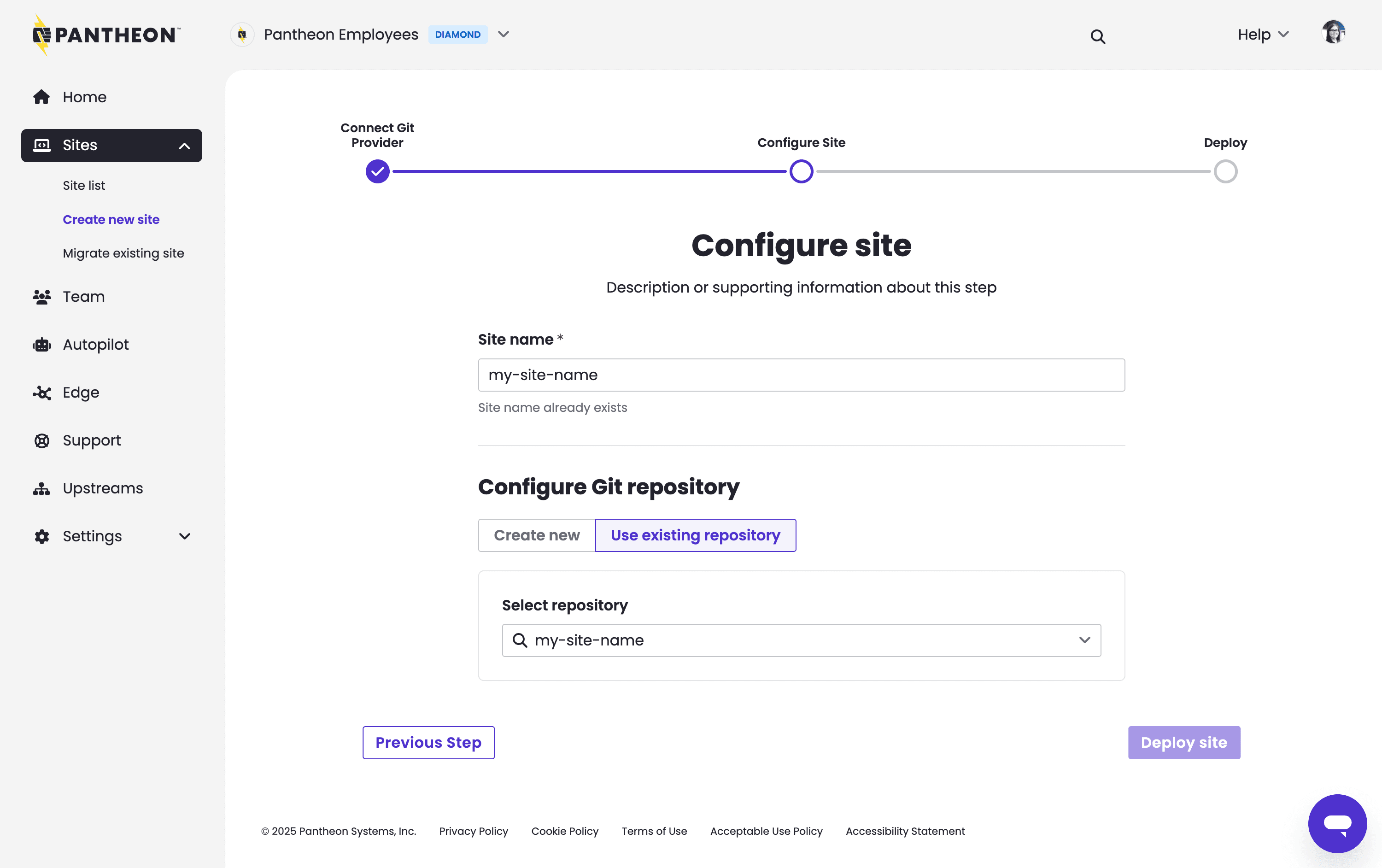 Create new site configured from existing repository
