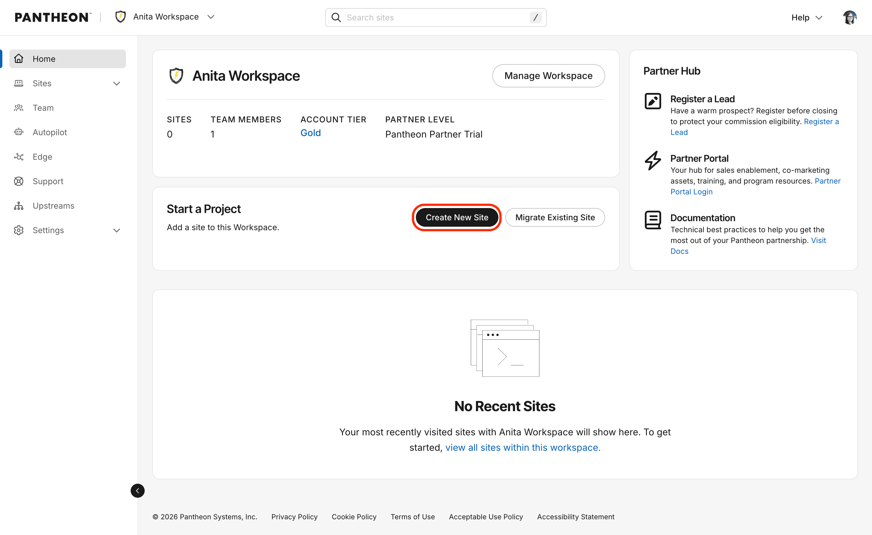 Create new site button