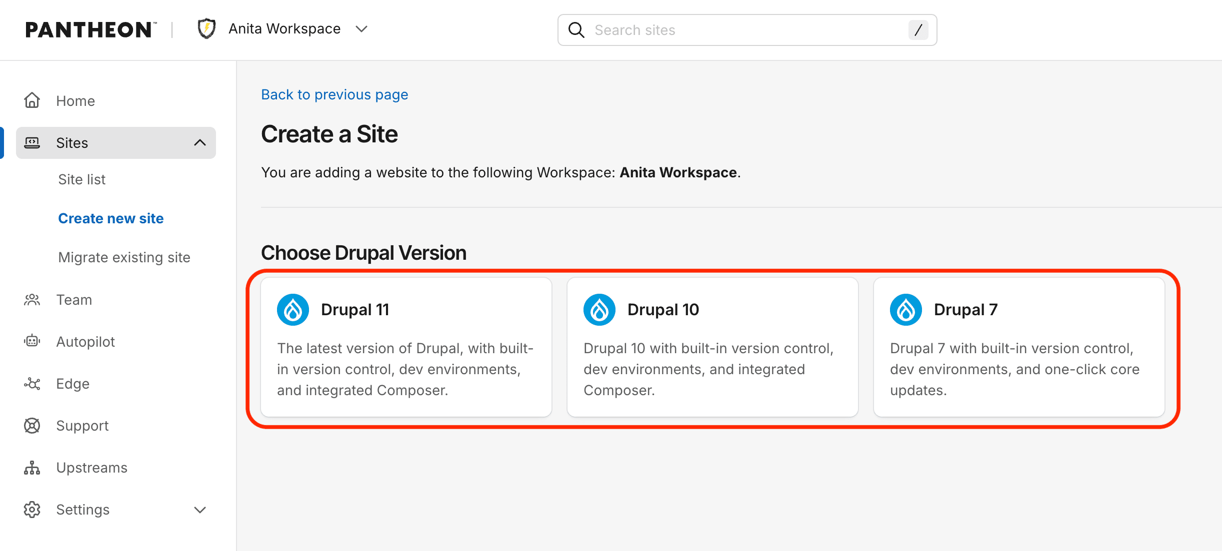 Drupal site creation from the Pantheon dashboard
