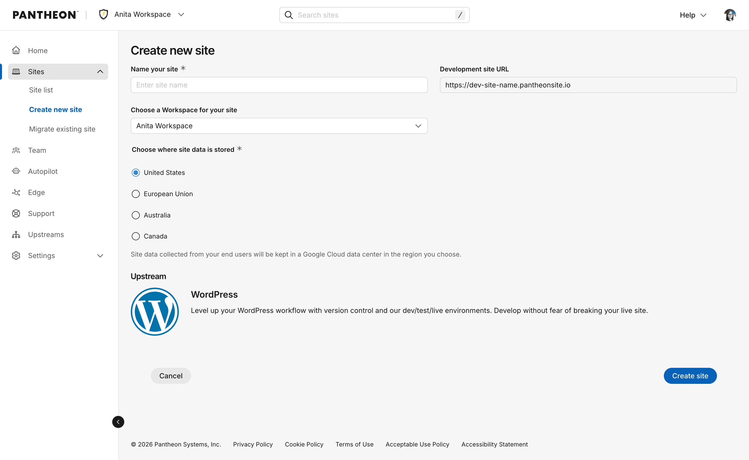 New user interface showing the creation of a WordPress site in the dashboard