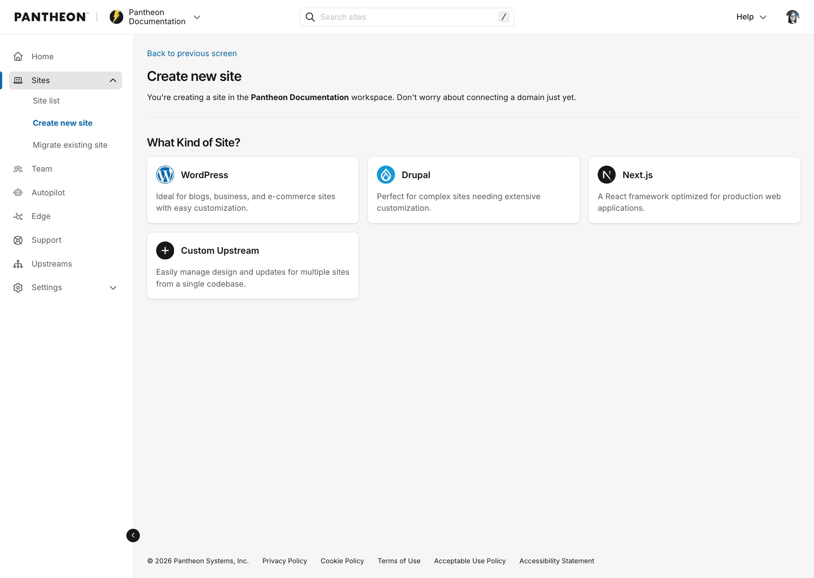 create new site dashboard