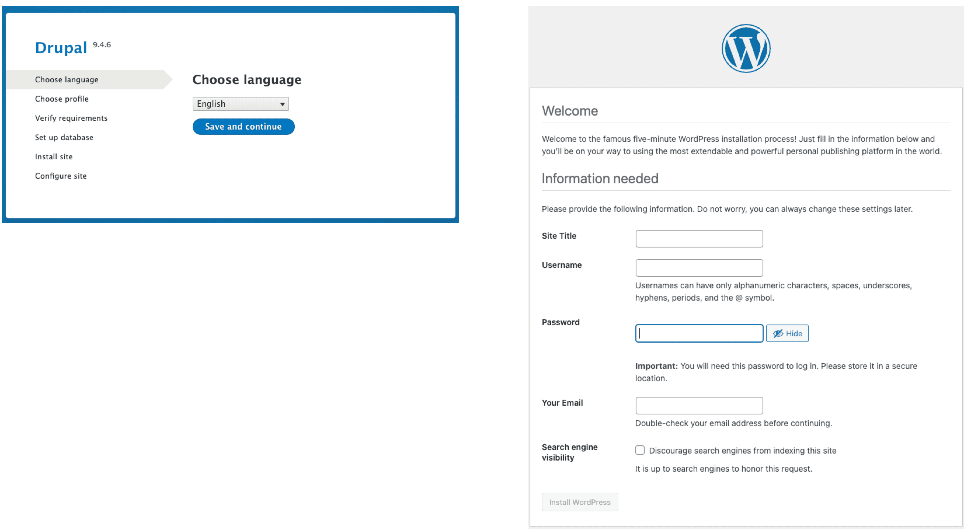 Drupal and WordPress installation screens.