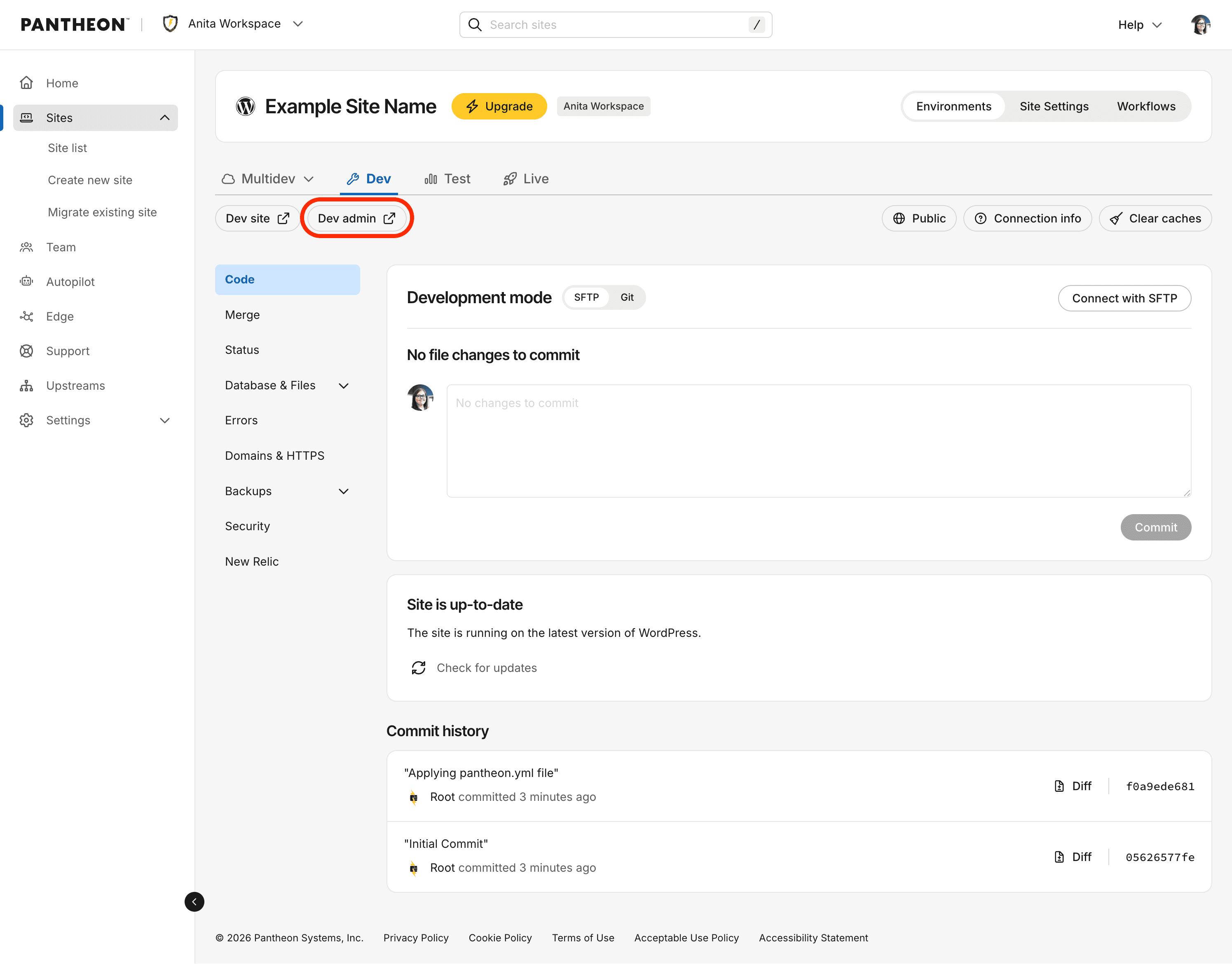 The Site Admin button