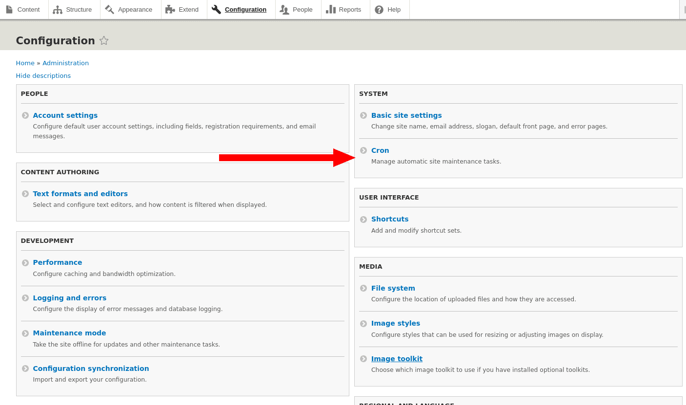 The Drupal admin interface with a Cron listing under System.