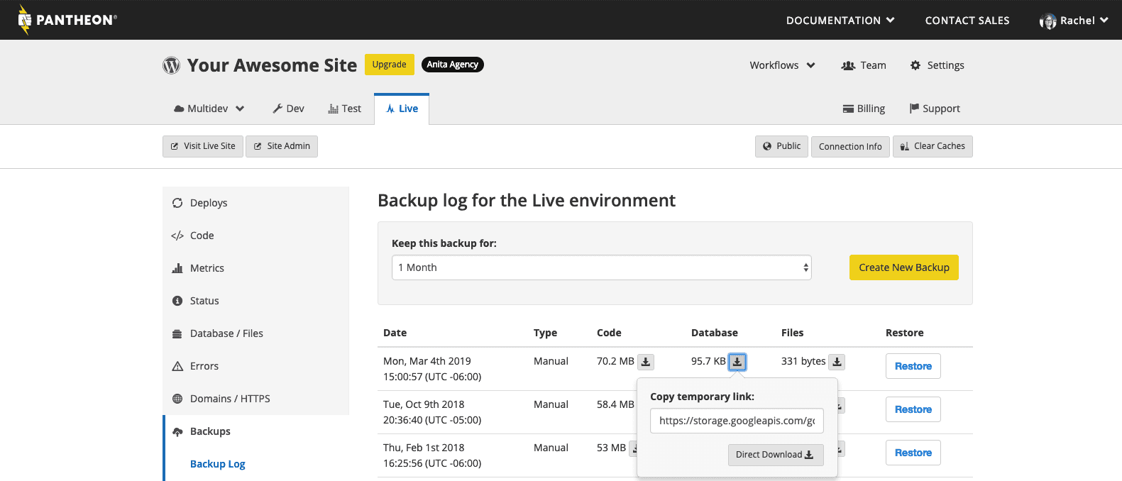 Get backups from the Pantheon Dashbaord