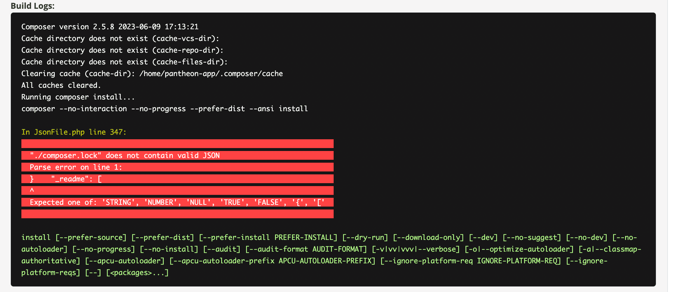 Workflow status details for composer build logs error