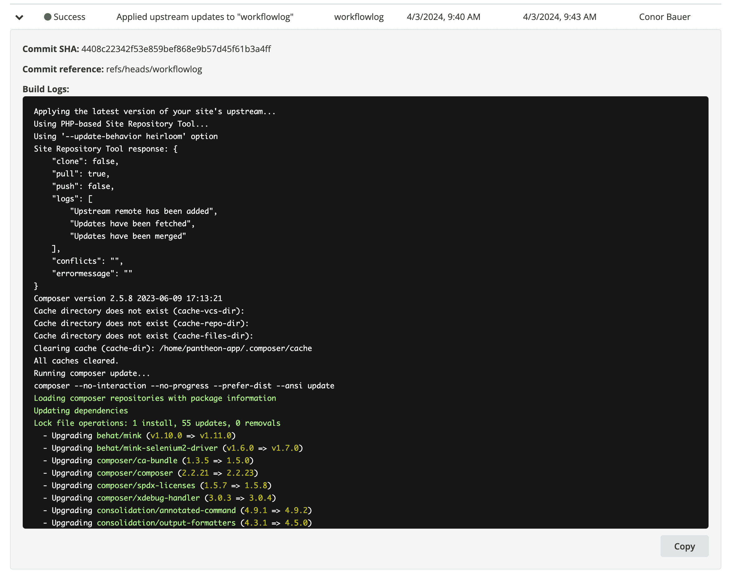 Workflow status details for composer build logs