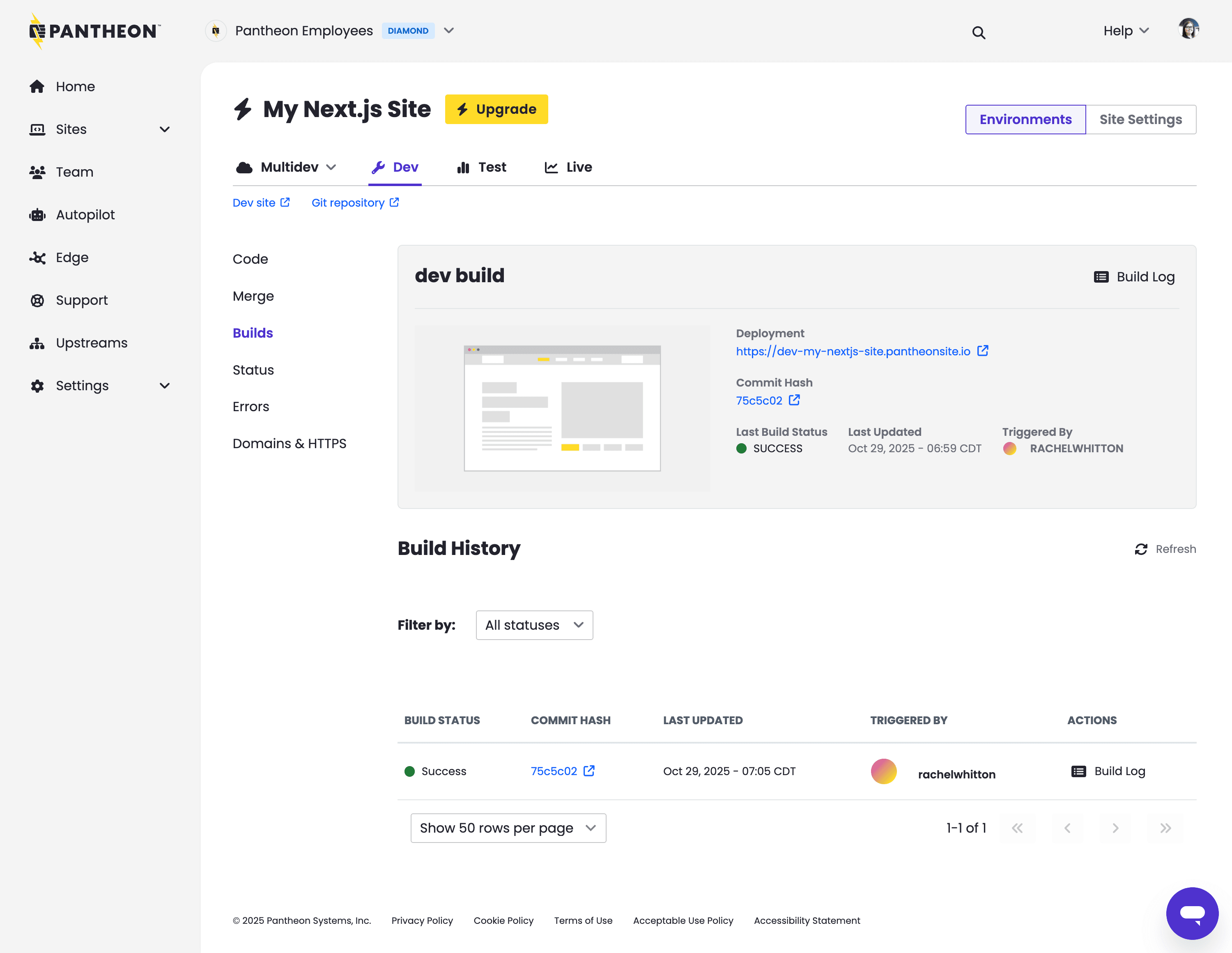 The Pantheon dashboard showing a dev environment for a Next.js site