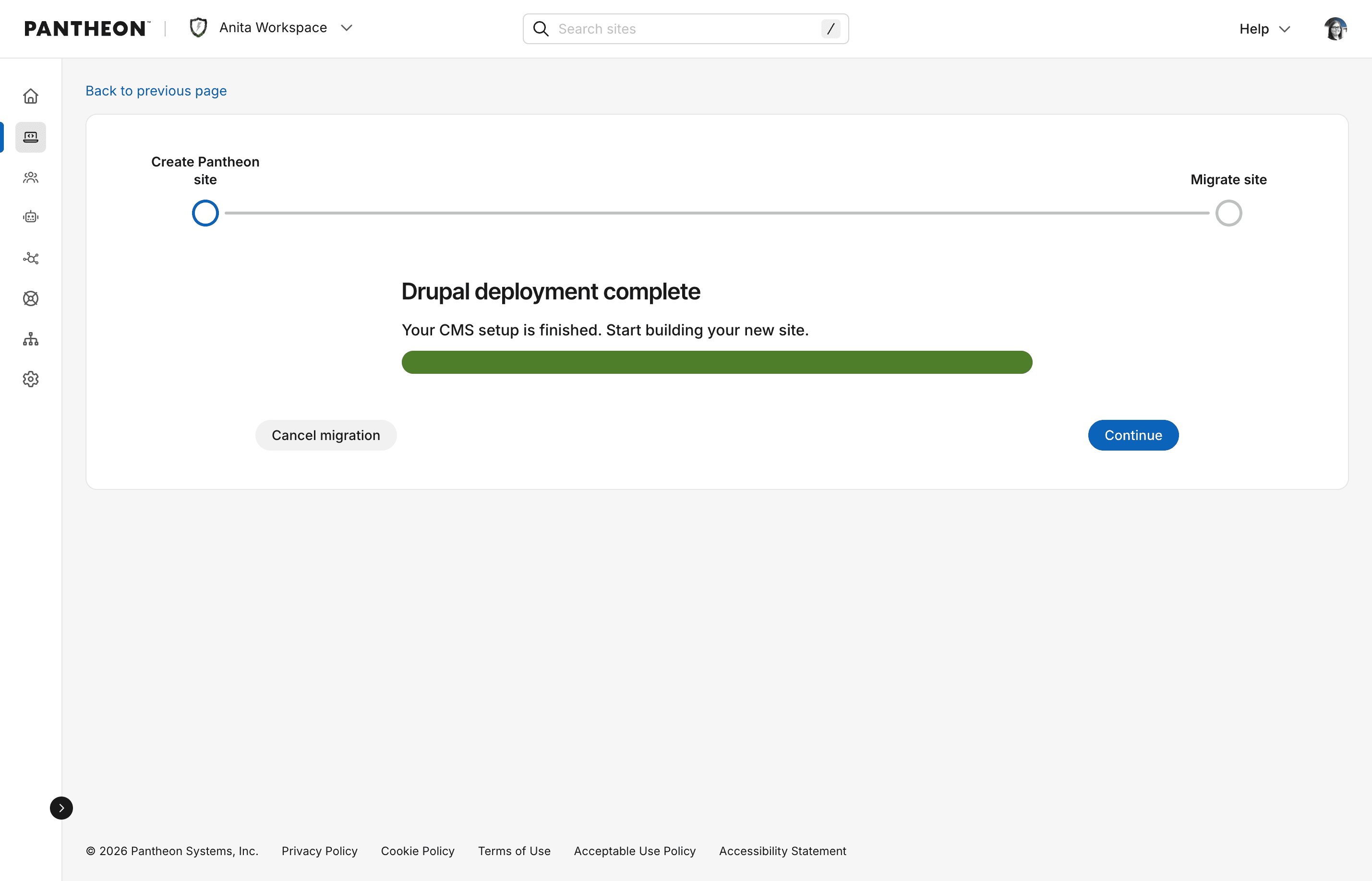 Site creation step showing a completed deployment and a prompt to visit the new site dashboard