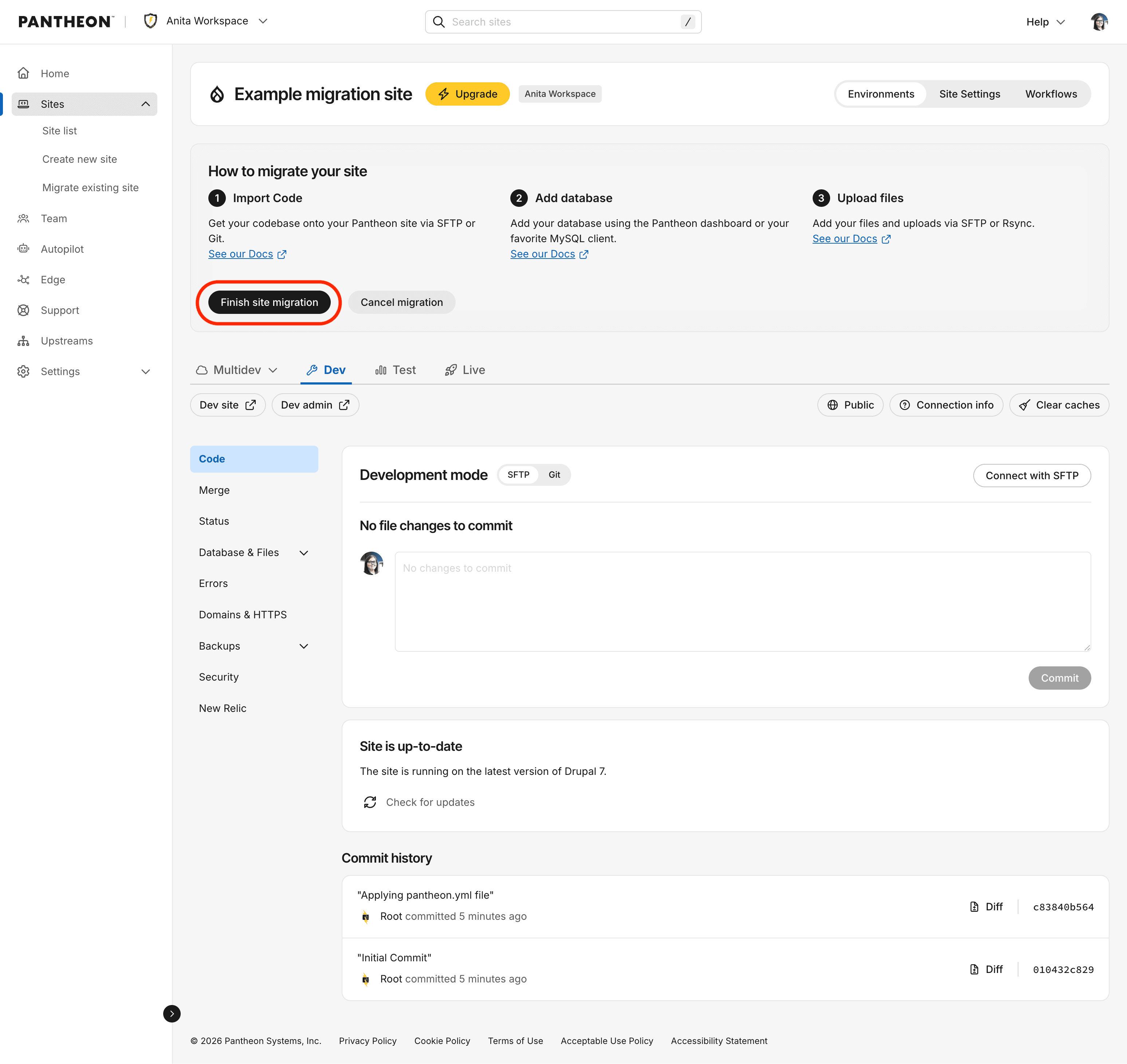 Newly created site dashboard showing manual migration prompts at the top to import code, db and files