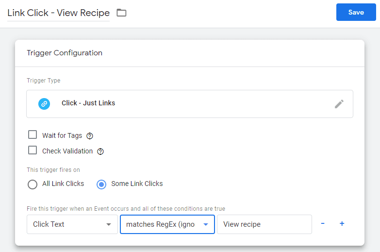 Link Click - View Recipe Example