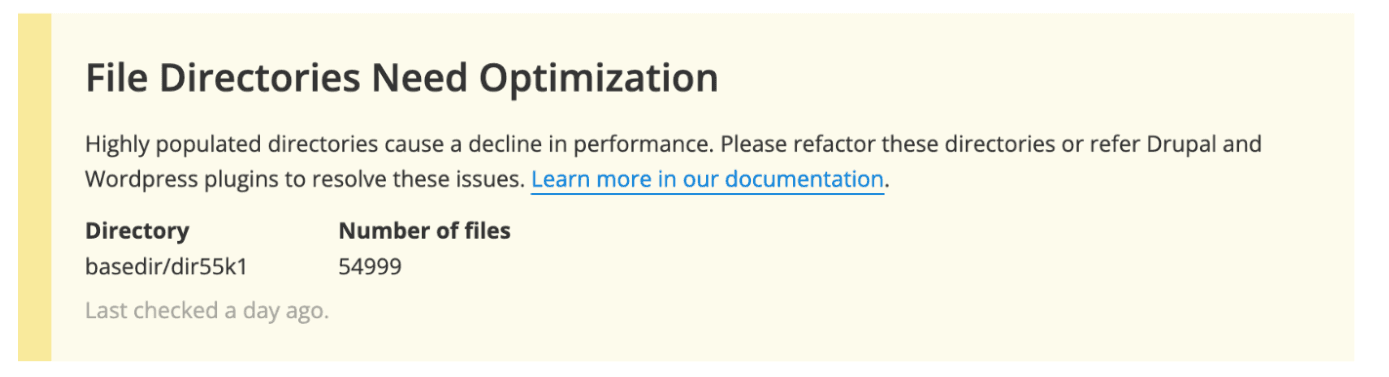 Sample warning status report for exceeding 50k files