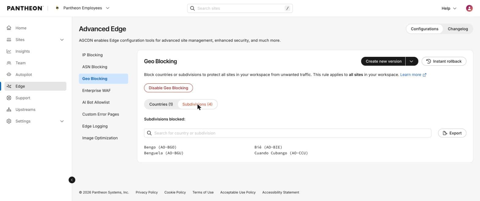 dashboard showing geo blocking interface