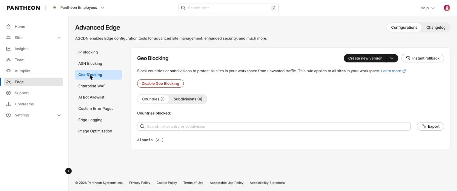 dashboard showing geo blocking interface