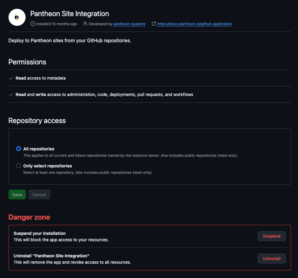 GitHub application configuration screen
