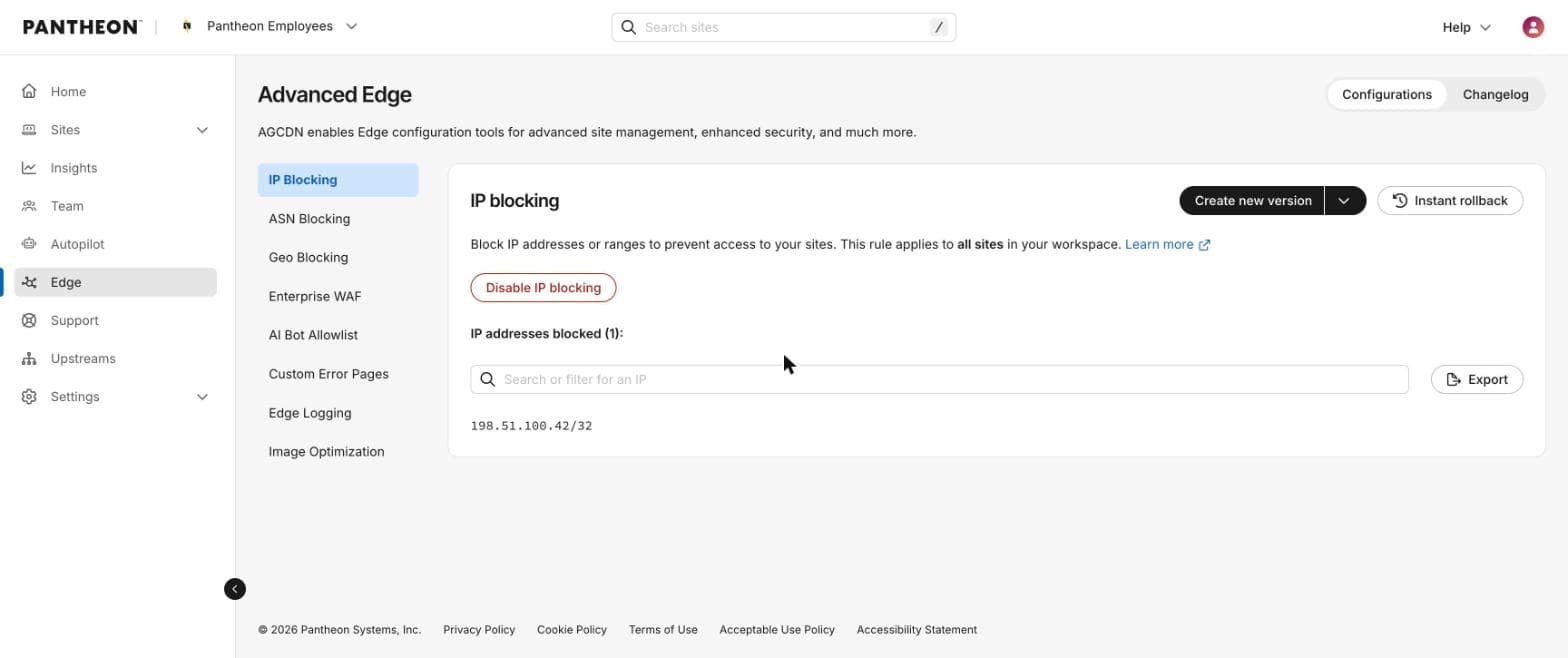 dashboard showing ip blocking interface