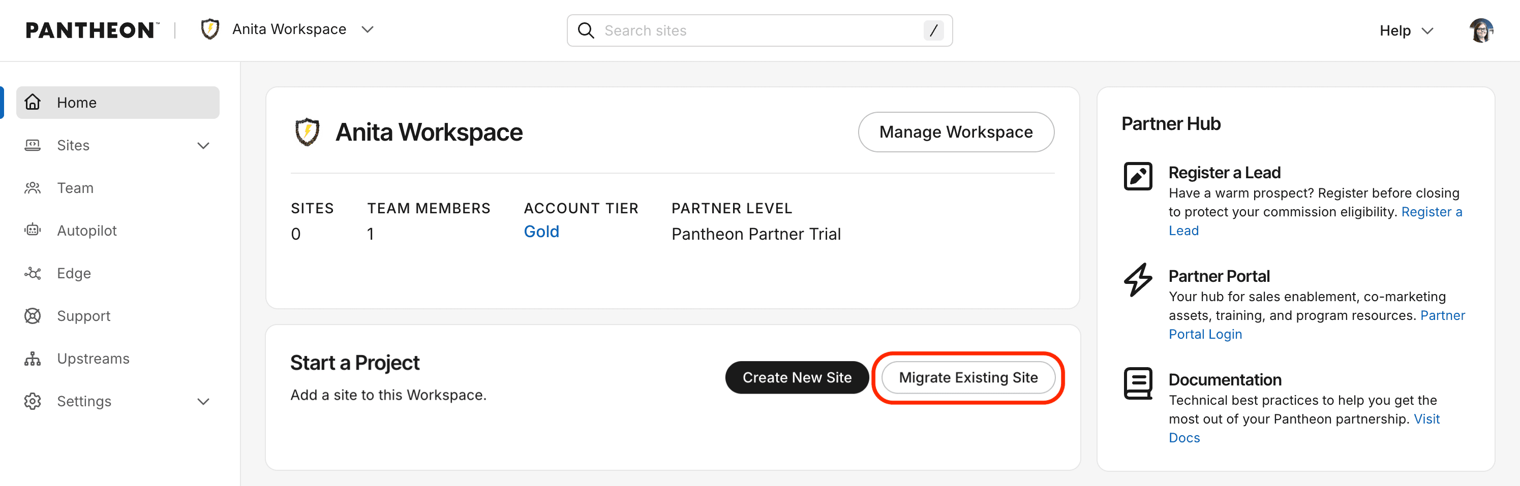 Migrate site button