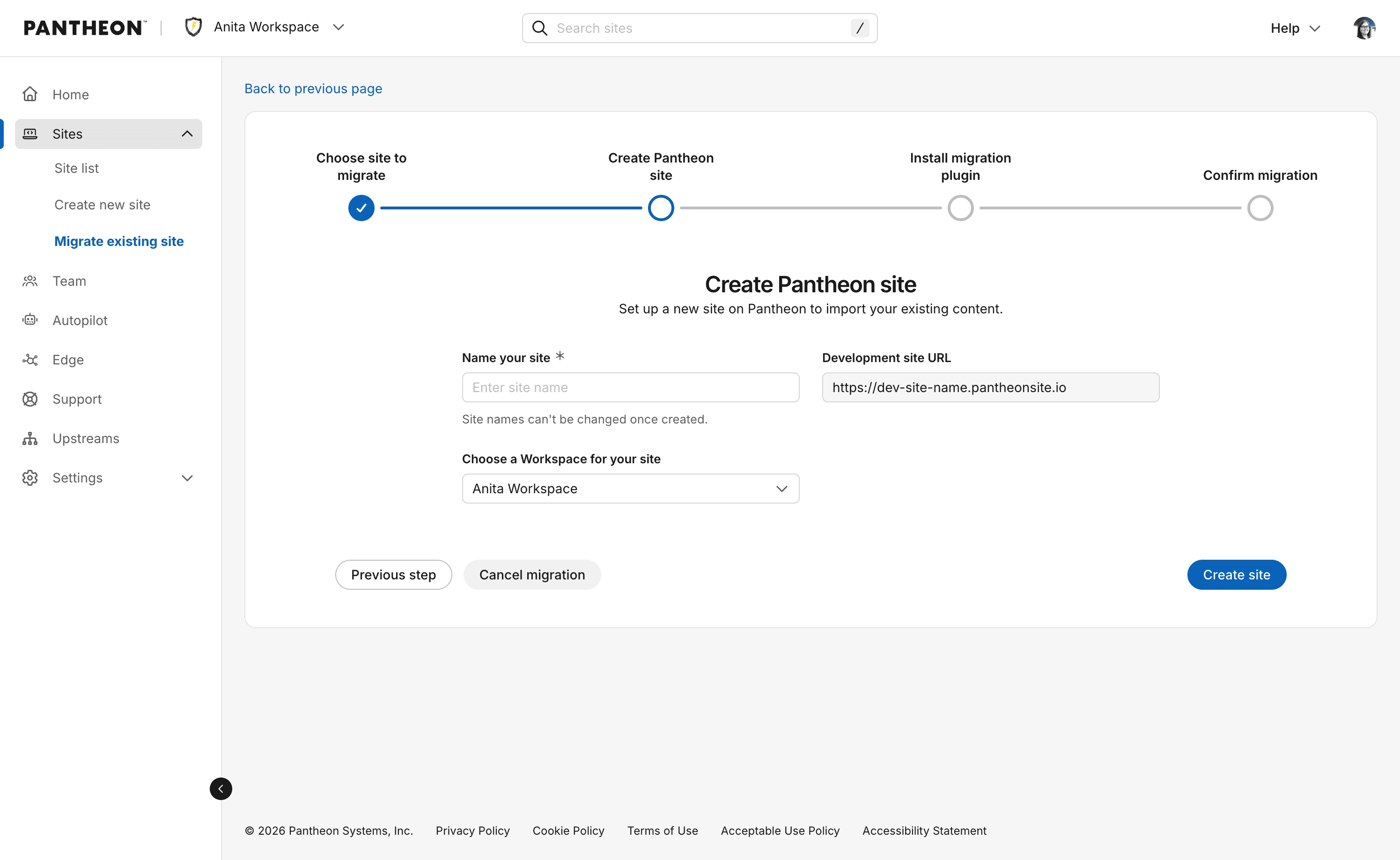 Site creation form for WordPress migrations prompting user to input site name and associated workspace