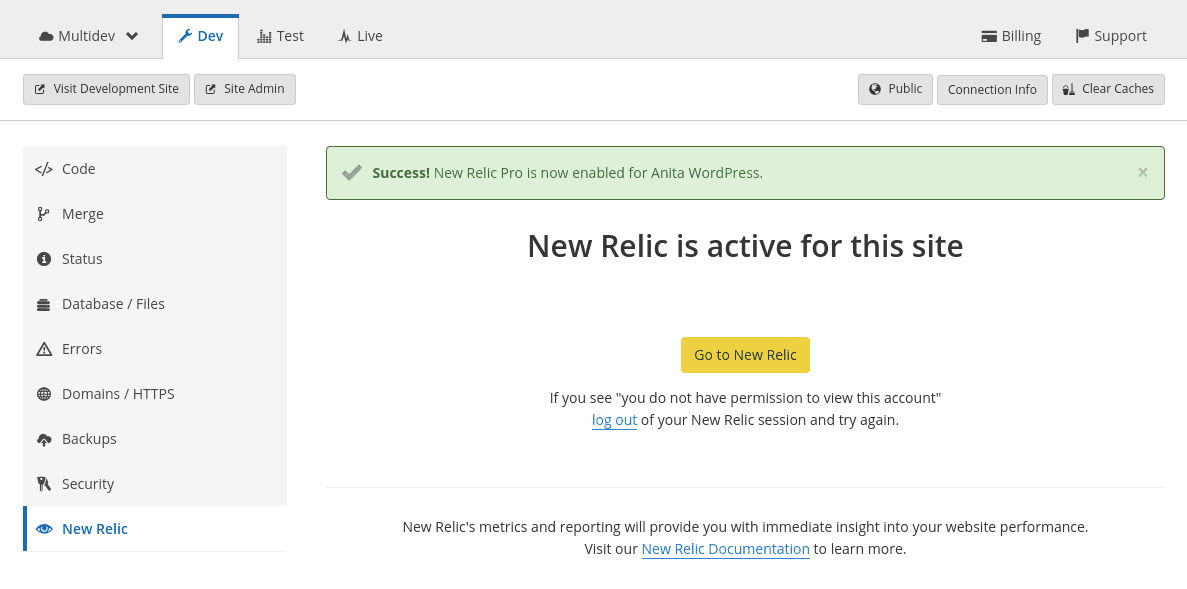 Screenshot showing the newly activated New Relic.