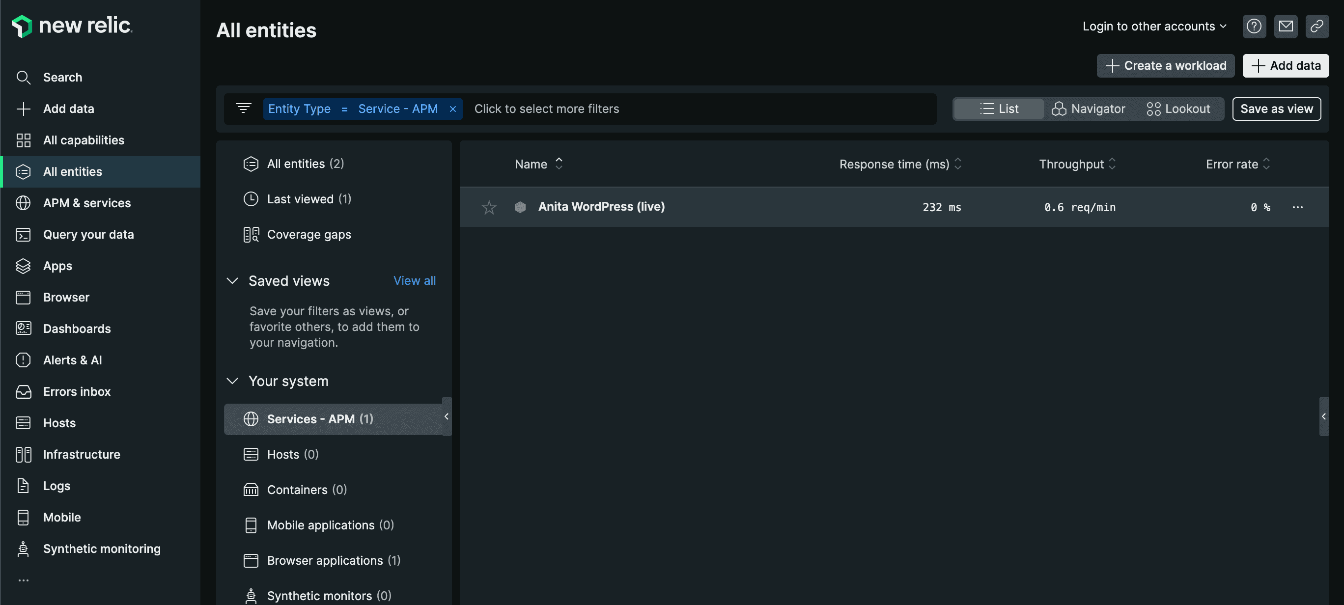Screenshot showing the New Relic landing page.
