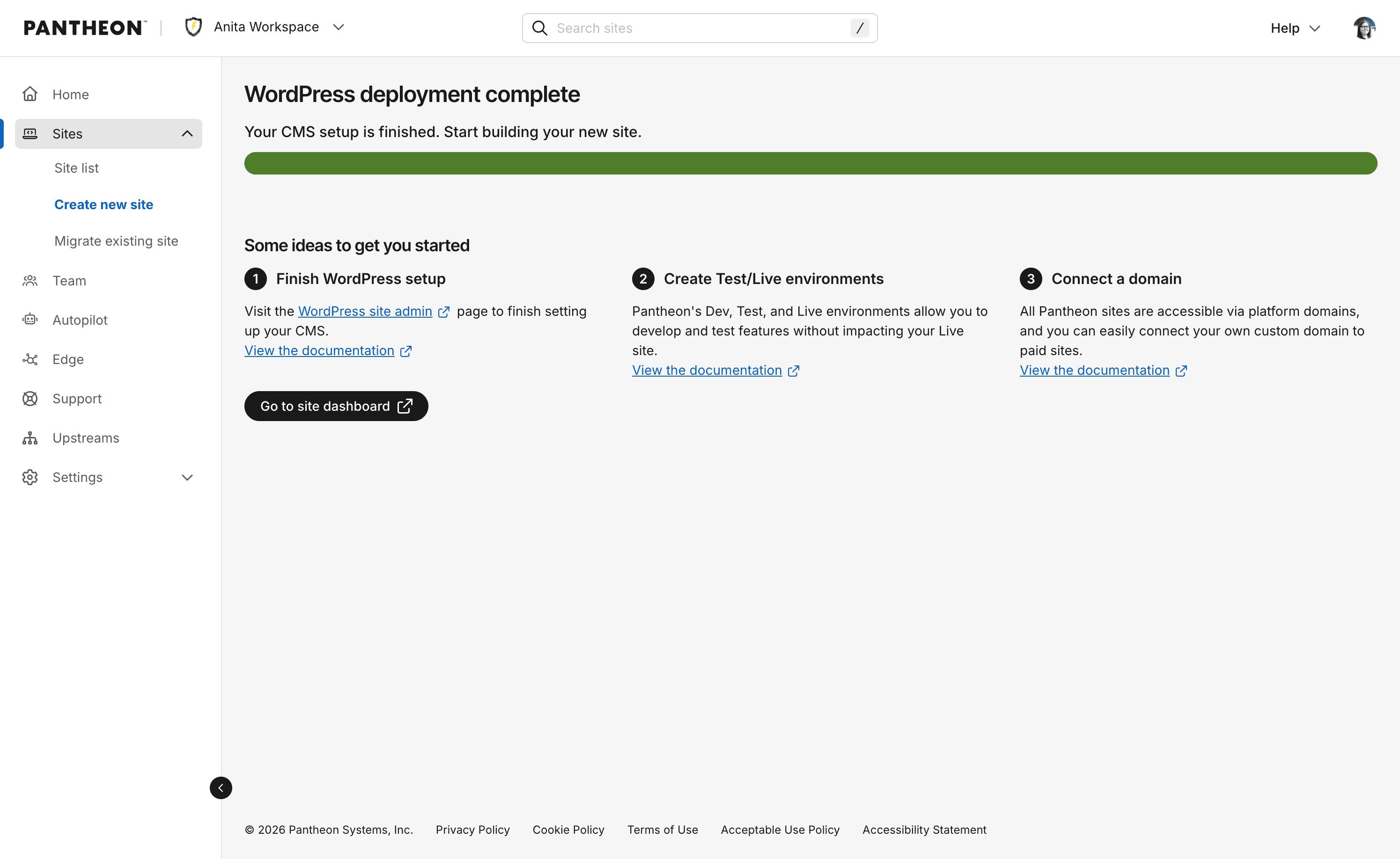 New user interface showing the completion of deploying a new WordPress site in the dashboard