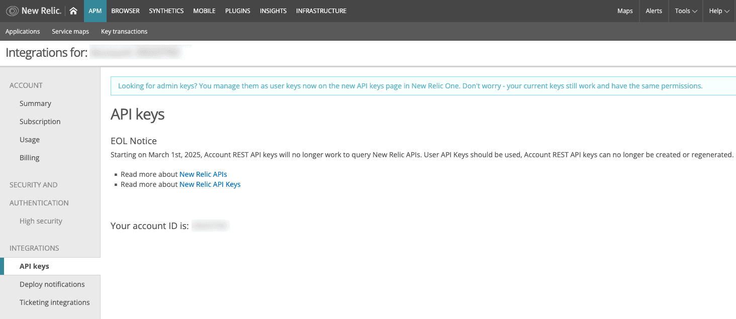 Example New Relic integrations API keys page without any keys