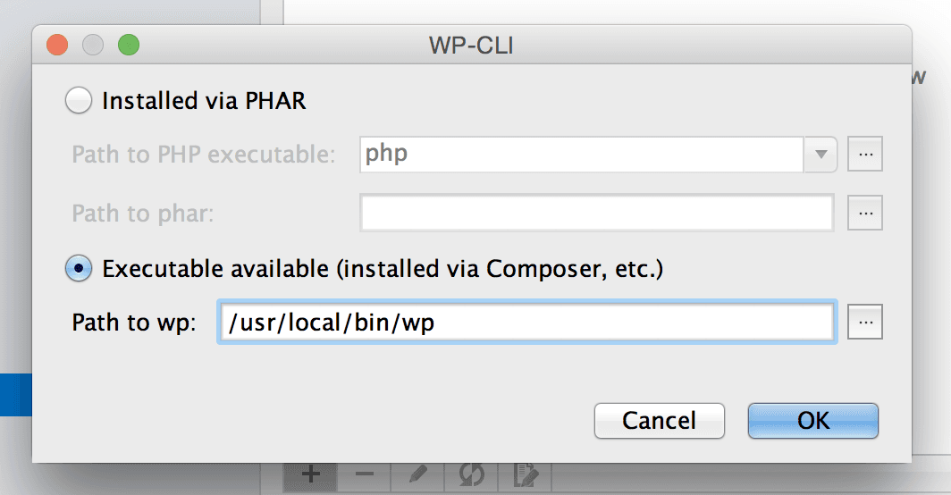 Configuring wp-cli path for PhpStorm