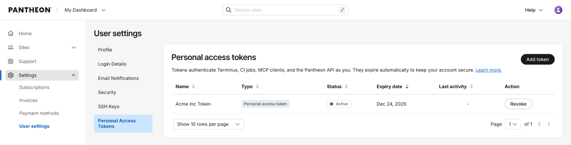Dashboard interface showing new personal access tokens