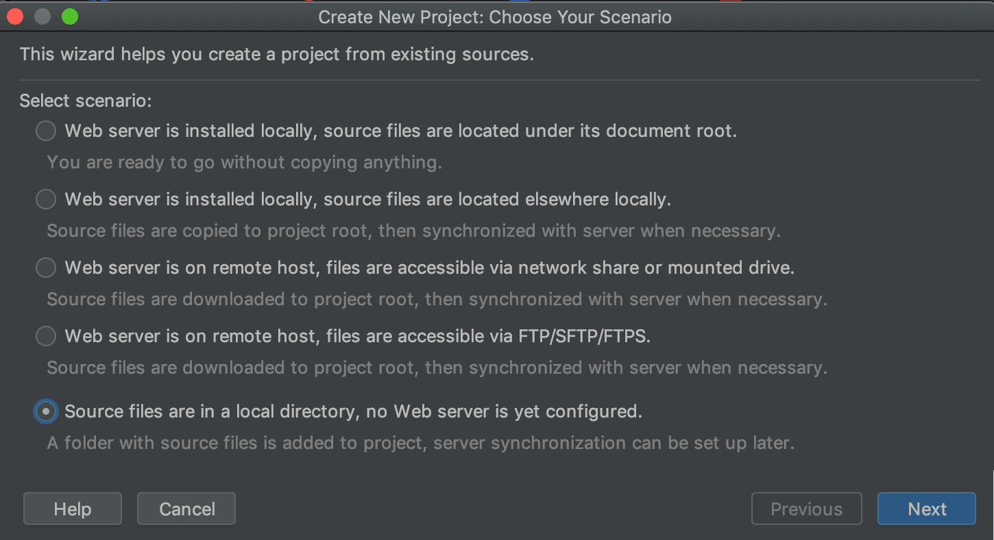 PHPStorm new project wizard