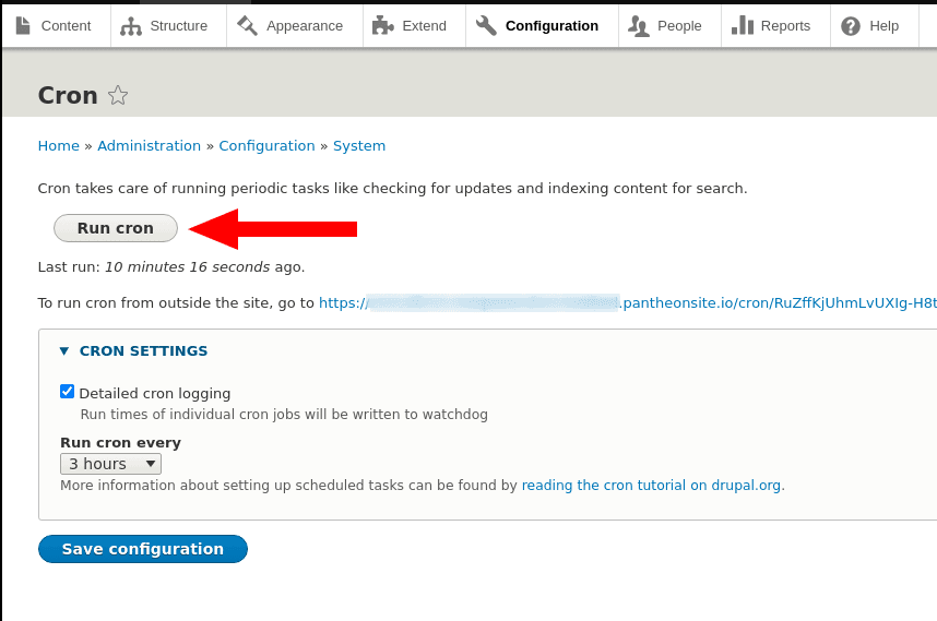 The "Run cron" button in the Drupal admin interface.