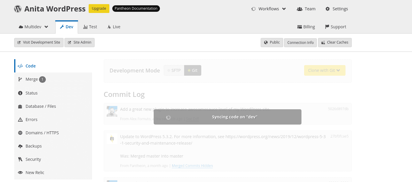 Image of the Dev tab syncing with a recently pushed git commit