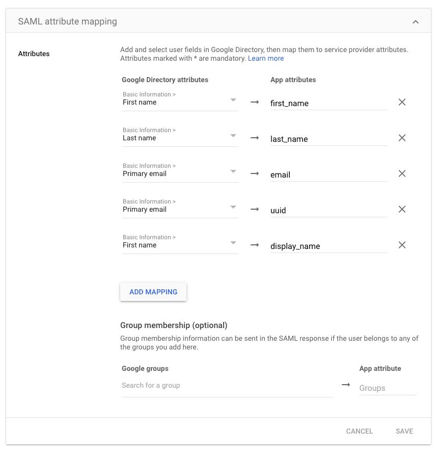 A screenshot of the Attribute Mapping panel on the SAML App Settings page, with additional mappings provided