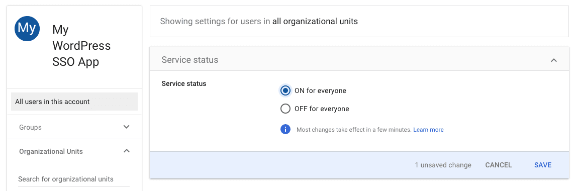 Google Console SAML App user access