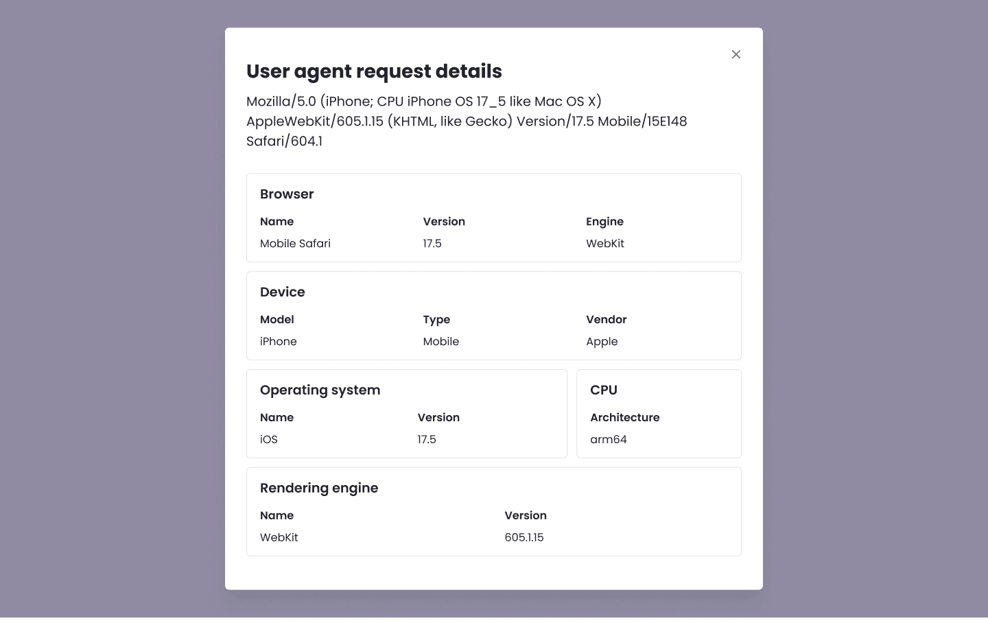 User Agent Parser modal showing parsed browser, OS, device, CPU, and engine details