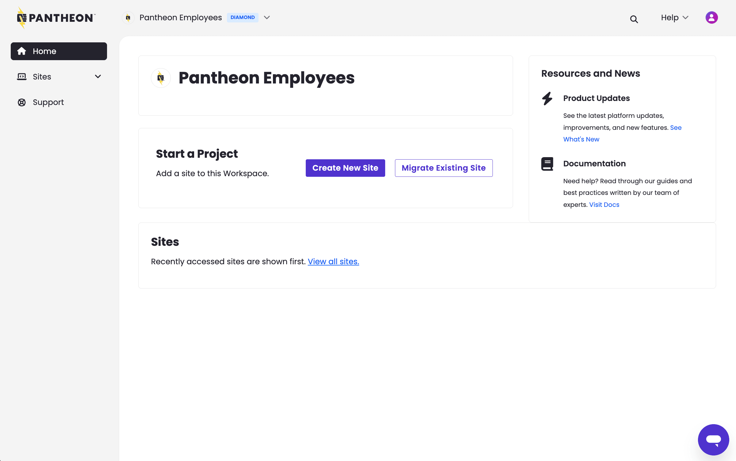 Contributor view of a workspace in the Pantheon Dashboard