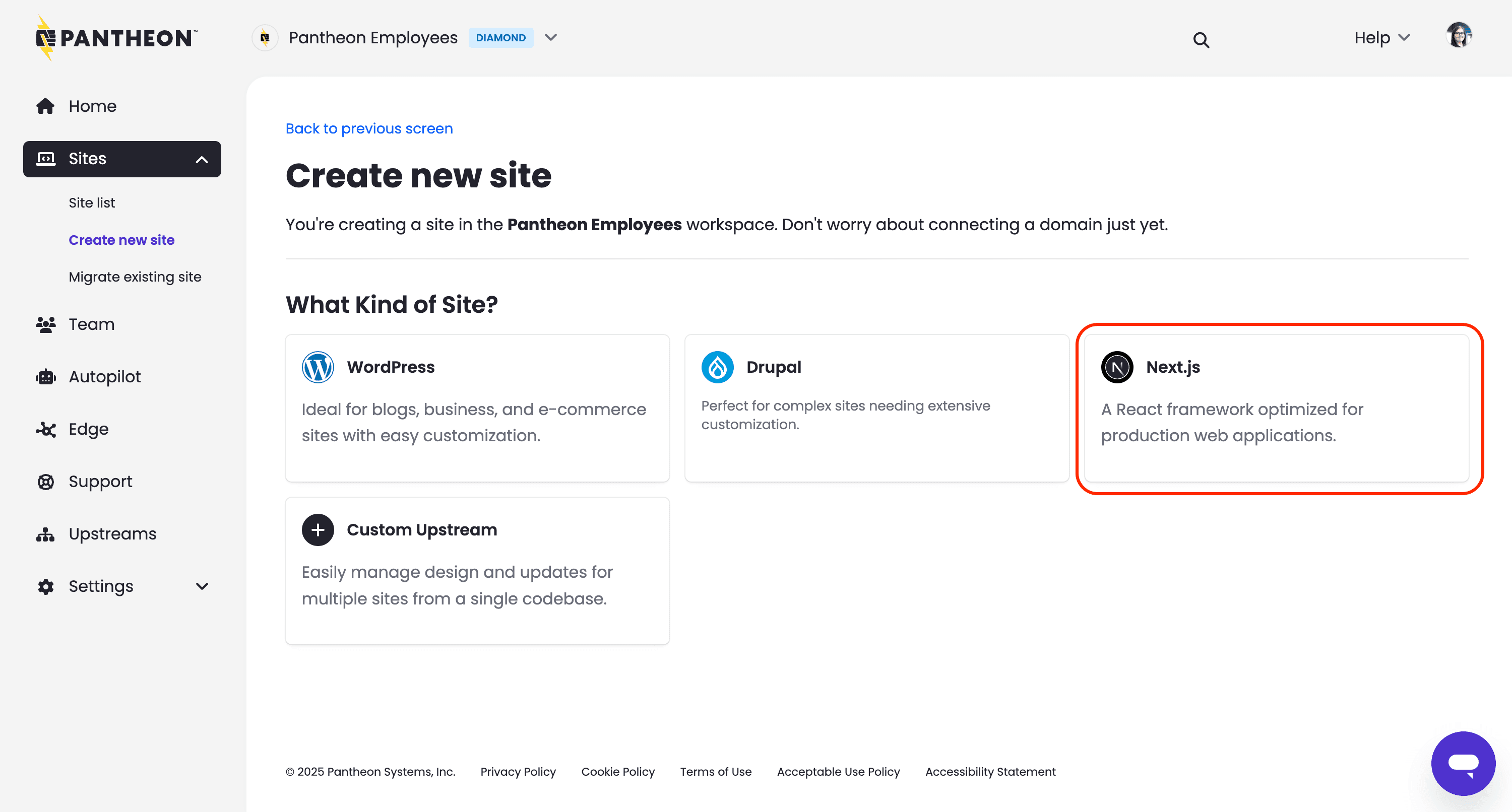 Create new site next.js from the Pantheon Workspace