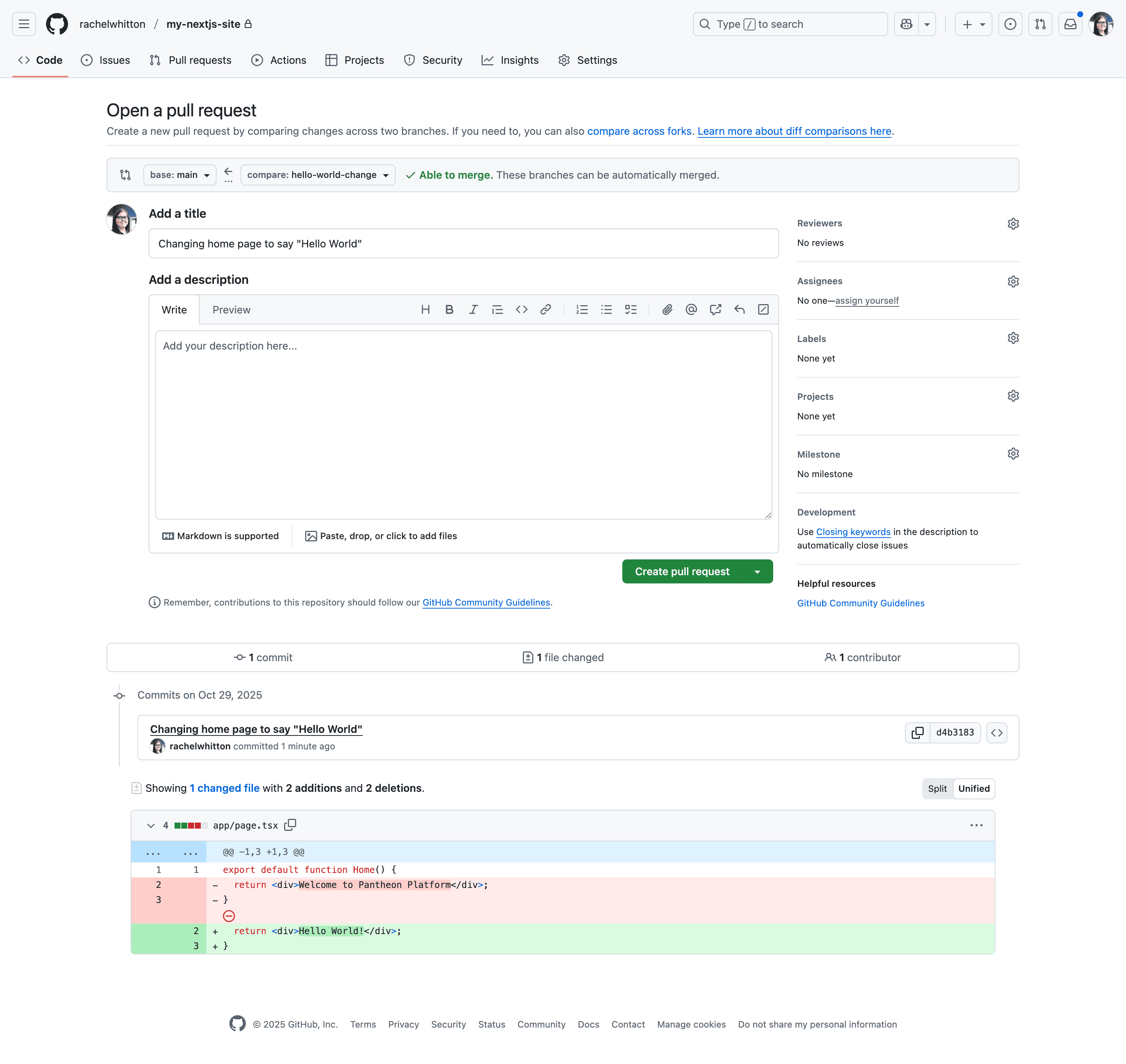 Create a Pull Request in GitHub after pushing changes