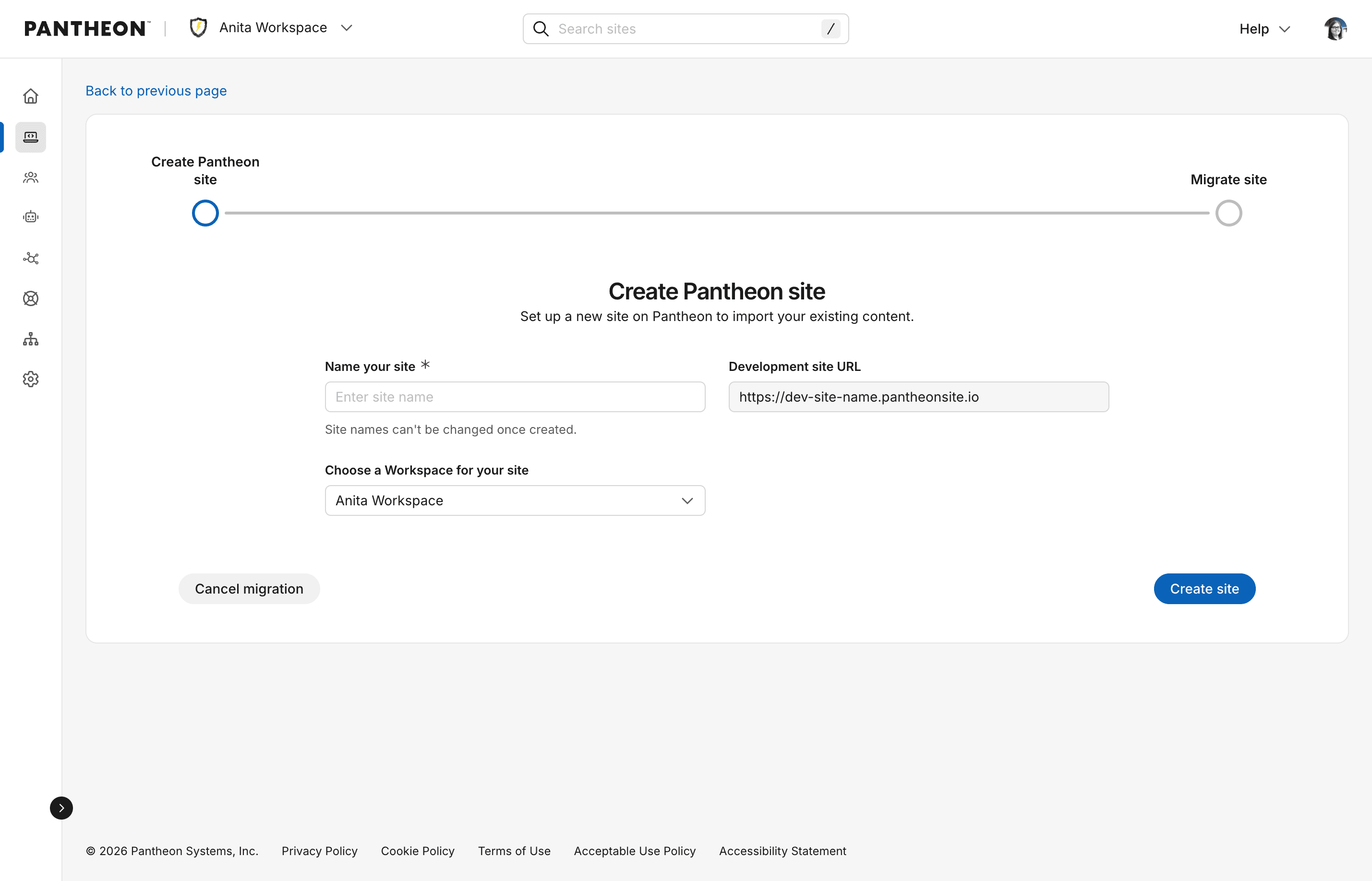 Site creation form for Drupal 7 migrations prompting user to input site name and associated workspace