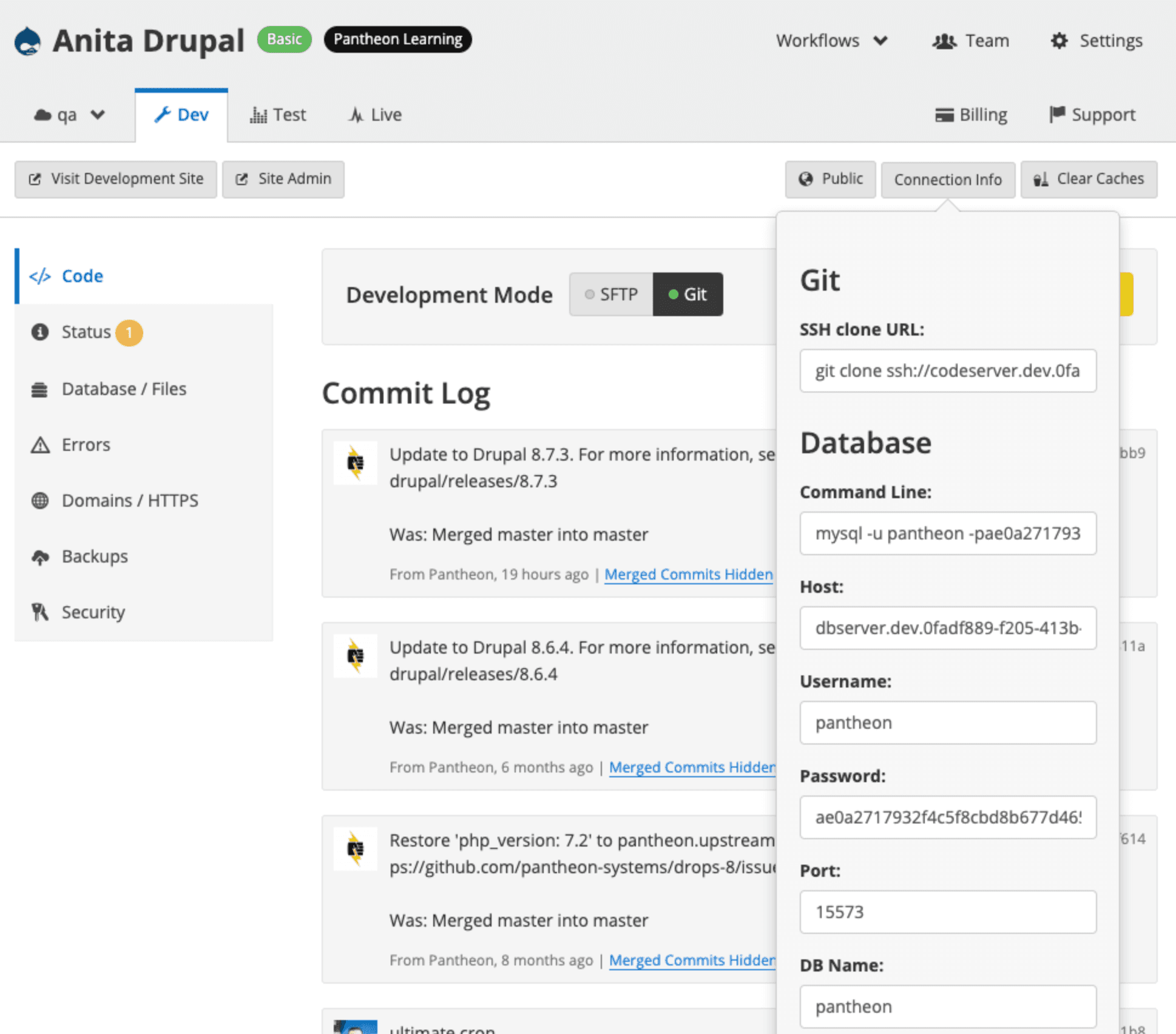 connection info details for mysql etc