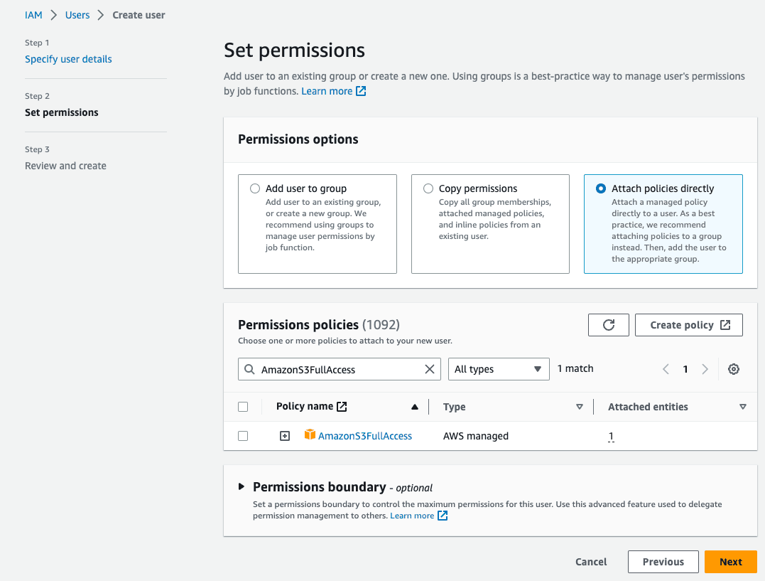 Create AWS S3 access step 6